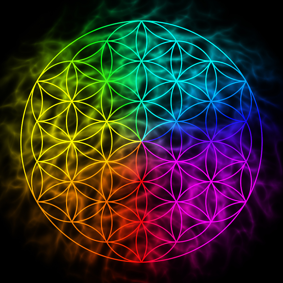 Rainbow flower of life with aura - symbol of sacred geometry